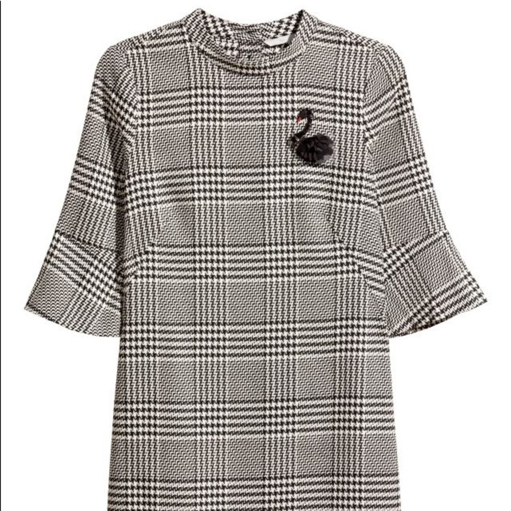 H&M short black and white houndstooth dress with black sequin swan pin detail
